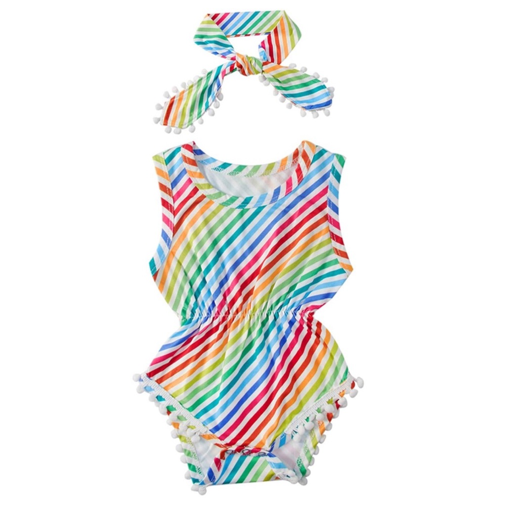 🌈 Rainbow Striped Pom Pom Trim Romper & Headband